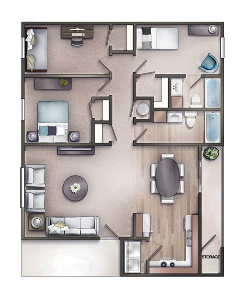Floor plan for 3 beds, 2 baths, 1085 sqft
